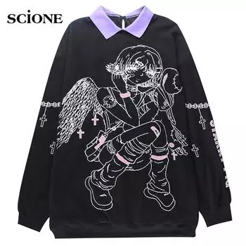 Толстовки в готическом стиле с лацканами y2k, топ, свободная рубашка-поло, темный свитер в студенческом стиле, искусственный свитер из двух частей с принтом, осень-зима, длинное пальто для женщин S чёрный