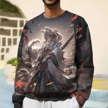 Толстовки в японском стиле для мужчин с принтом животных, пуловеры с длинными рукавами, мужская одежда, топы, толстовки с круглым вырезом, осень 2024 г. S