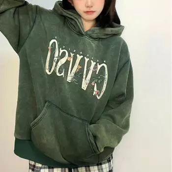 Толстовки в стиле Харадзюку в стиле готический гранж с черепом и цветочной вышивкой, винтажный флисовый свитшот, уличная одежда большого размера с буквенным принтом M зелёный