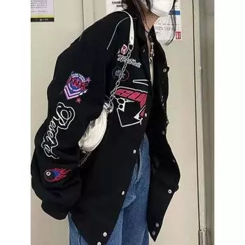 Толстовки Y2K Женские толстовки с капюшоном Винтажные куртки большого размера с принтом Harajuku Ветровка Женская корейская уличная одежда S чёрный