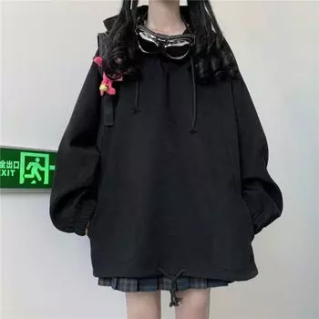 Толстовки женские черного цвета, универсальные, свободные, простые, зимние, удобные, для студентов, кавайные, уличная одежда, повседневные, теплые, повседневные S чёрный