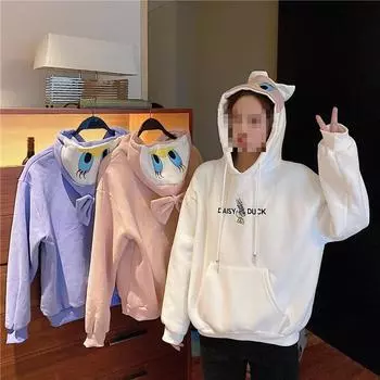 Толстовки женские флисовые толстые пальто Дэвида милый мультяшный утенок с вышивкой свободная версия пуловер толстовка для женщин M белый
