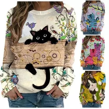 Толстовки женские негабаритные толстовки с длинными рукавами 3D кот с принтом пуловер с круглым вырезом Топ повседневное пальто 3XL горячий розовый