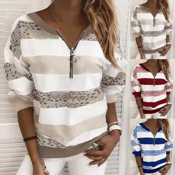 Толстовки женские полосатые леопардовые лоскутные толстовки с капюшоном на молнии с длинным рукавом блузка пуловер женская одежда уличная одежда XXXXXL красный