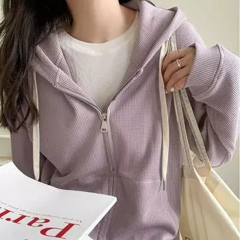 Толстовки женские с длинным рукавом тонкие вафельные пальто с капюшоном женские на молнии однотонные толстовки топы мода M светло-фиолетовый
