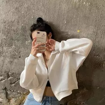 Толстовки женские универсальные однотонные на молнии модные корейские стильные Harajuku Ins ретро осенние повседневные офисные женские повседневные новые поступления S белый