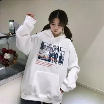 Толстовки женские зимние Эстетические толстые флисовые теплые свободные женские толстовки с принтом универсальные простые корейские стильные студенческие модные повседневные M чёрный