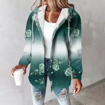 Толстовки женские зимние теплые толстовки на пуговицах с капюшоном и завязками на шнурке с принтом куртка пальто L темно-зеленого