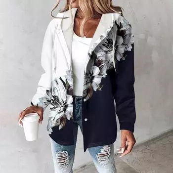 Толстовки женские зимние теплые толстовки на пуговицах с капюшоном и завязками на шнурке с принтом куртка пальто L чёрный