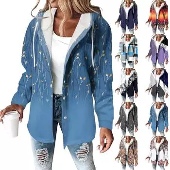 Толстовки женские зимние теплые толстовки на пуговицах с капюшоном и завязками на шнурке с принтом куртка пальто L чёрный