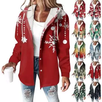 Толстовки женские зимние теплые толстовки на пуговицах с капюшоном и завязками на шнурке с принтом куртка пальто L