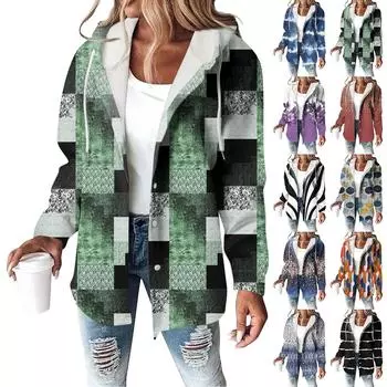 Толстовки женские зимние теплые толстовки на пуговицах с капюшоном и завязками на шнурке с принтом куртка пальто L чёрный