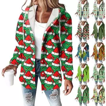 Толстовки женские зимние теплые толстовки на пуговицах с капюшоном и завязками на шнурке с принтом куртка пальто L