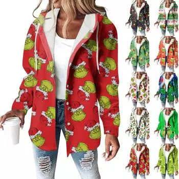 Толстовки женские зимние теплые толстовки на пуговицах с капюшоном и завязками на шнурке с принтом куртка пальто M