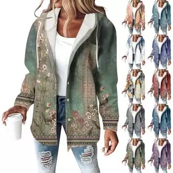 Толстовки женские зимние теплые толстовки на пуговицах с капюшоном и завязками на шнурке с принтом куртка пальто M