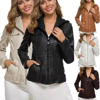 Толстовки Зима Осень Мотоциклетная Куртка Женская Верхняя ОдеждаPU Базовая Готическая Искусственная Кожа Пальто Плюс Размер XXXXXXXL чёрный