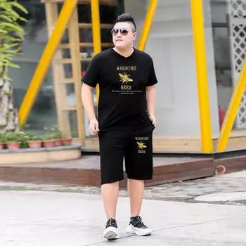 Толстяк больших размеров Большой размер Бронзовый повседневный костюм с короткими рукавами Толстяк Негабаритный спортивный комплект из двух предметов с половиной рукавами Тонкий 2XL чёрный