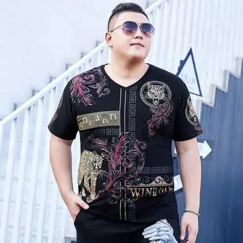 Толстяк больших размеров, футболка больших размеров с v-образным вырезом и короткими рукавами с принтом, Свободная модная новая футболка Fat Man, очень большая 2XL чёрный