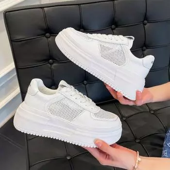 Толстые белые туфли с толстой подошвой, женские дышащие повседневные туфли из одинарной сетки, легкие кроссовки Ins Tide Muffin, спортивные туфли с полостью 35 белый