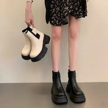 Толстые ботинки Челси Женские летние ботинки-сигареты Сто черных сапог Ботинки Ботинки Весна и осень Одиночные ботинки 35 бежевый