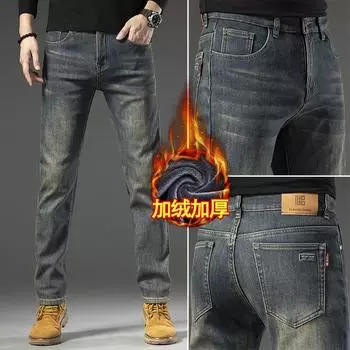 Толстые и плюшевые 2024 зимние толстые прямые облегающие эластичные модные брендовые повседневные теплые джинсы с плюшем 28