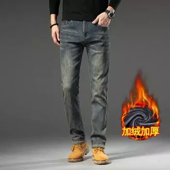 Толстые и плюшевые 2024 зимние толстые прямые облегающие эластичные модные брендовые повседневные теплые джинсы с плюшем 28