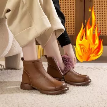 Толстые и теплые хлопковые туфли женские зимние из натуральной кожи нескользящие низкие каблуки плюшевые короткие сапоги 35 коричневый