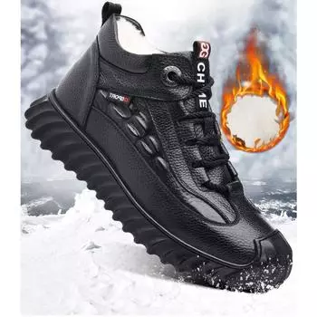 Толстые и теплые кожаные ботинки с бархатом, зимние ботинки средней высоты, хлопковая обувь 39 чёрный