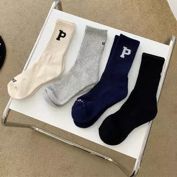 Толстые махровые носки с буквой P : Теплый, однотонный, средней длины, для мужчин и женщин - японский спортивный стиль, модный на осень и зиму. синий