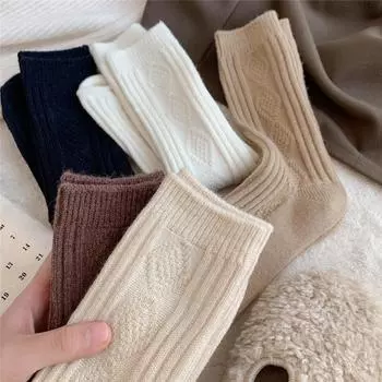 Толстые носки средней длины с ромбовидной сеткой, женские, белые, утолщенные, теплые, однотонные, повседневные, хлопковые носки в стиле колледжа One Size белый