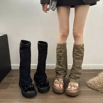 Толстые подошвы брюки сапоги сандалии женские летние новые стильные длинные сапоги увеличивающие рост Niche Clip Toe ретро взрывные уличные римские крутые сапоги 35 хаки
