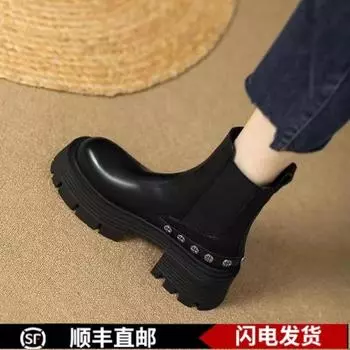 Толстые подошвы квадратные женские ботинки 2024 зима новые толстые каблуки кожаные нишевые челси хлопковые курительные трубки ботинки кроссовки женские 35