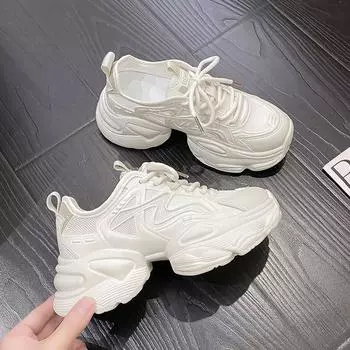 Толстые подошвы Pops Shoes женские в течение высокого лета универсальные сетчатые дышащие женские туфли маленькие белые кроссовки 35