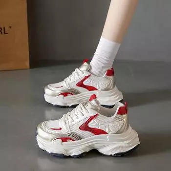 Толстые подошвы, высокие летние женские туфли с круглым носком, кроссовки, повседневная обувь из дышащей сетки в стиле ретро, Zapatillas Mujer 35