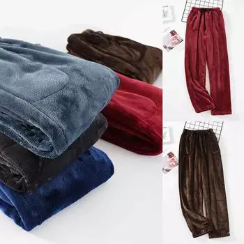 Толстые прямые пижамные штаны мужские фланелевые флисовые брюки с высокой талией теплые домашние брюки удобные зимние свободные повседневные брюки L чёрный
