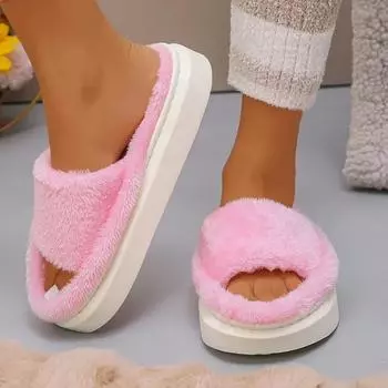 Толстые Пушистые Меховые Тапочки Женские 2025 Новые Зимние Домашние Теплые Меховые Тапочки Домашние Плоские Комнатные Шлепанцы Женские Zapatos De Mujer 35 розовый
