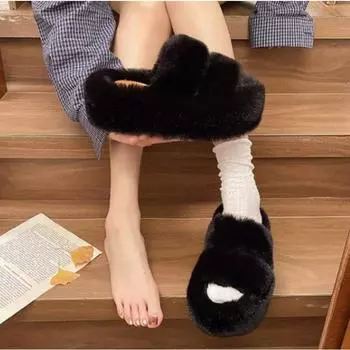 Толстые пушистые тапочки женские новые осенне-зимние теплые хлопковые тапочки на плоской подошве 34 чёрный