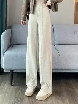 Толстые свободные брюки с высокой талией, широкие брюки, зимние теплые, однотонные, элегантные, прямые, брюки, офисные, женские, повседневные, спортивные брюки, новые S красный