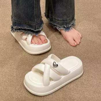 Толстые тапочки из ЭВА с крестом, тапочки на платформе, летняя одежда, домашняя пляжная обувь на платформе, модные летние женские тапочки 37-38 foot 23-23.5cm чёрный