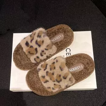Толстые тапочки с леопардовым принтом, женские уличные тапочки из хлопка с мехом на осень и зиму 35 бежевый