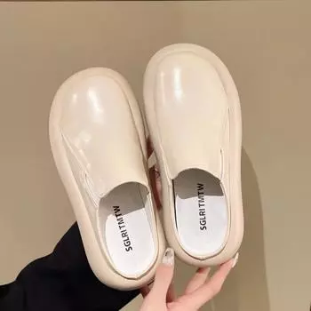 Толстые тапочки женская обувь весна лето новые ретро Баотоу полутапочки уличные женские повседневные мюли с круглым носком шлепанцы 35 бежевый