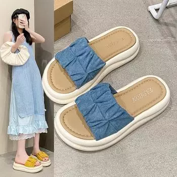Толстые тапочки женские летние Advanced Feeling плиссированные One Word Mop Outside Wear Открытый носок повседневные пляжные сандалии тапочки модная женская обувь 35