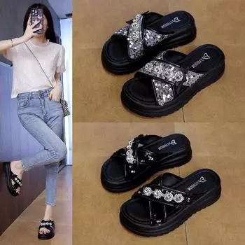Толстые тапочки женские летние наружные сандалии с пайетками в стиле феи в римском стиле женские модные летние туфли дышащие для жаркой погоды 34