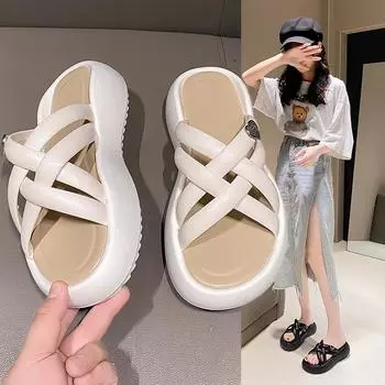Толстые тапочки женские летние с круглым носком One Word Drag Outside Wearing Cross Beach Sandals Тапочки модные женские летние дышащие туфли 35