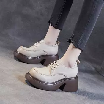 Толстые туфли-лодочки из кожи в стиле ретро, маленькие кожаные туфли 34 чёрный