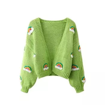 Толстые вязаные топы ручной работы, женский модный укороченный вязаный кардиган, свитер 90-х годов, Радужная уличная одежда C-048 One Size розовый