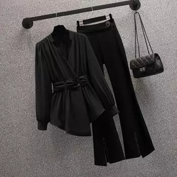 Толстые женщины французский дизайн костюма рубашка с V-образным вырезом весенний темперамент блузка грушевидной формы микроотвороты брюки комплект из 2 предметов XXXL чёрный