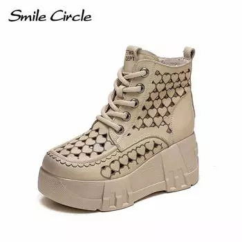 Толстые женские ботинки из натуральной кожи, толстые ботинки на шнуровке, модные дышащие сандалии, ботинки 35 бежевый