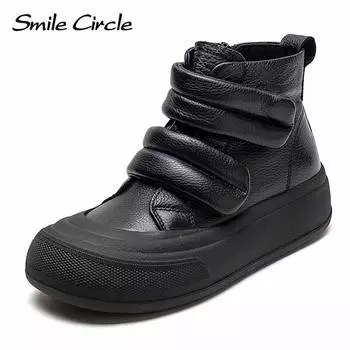 Толстые женские ботинки «Мартенс» из натуральной кожи, толстые ботинки с низким берцем и круглым носком, модные удобные ботильоны