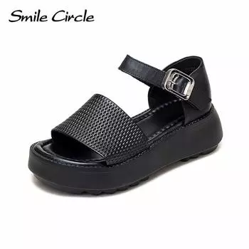 Толстые женские сандалии из натуральной кожи, повседневная обувь с круглым носком и пряжкой, модная удобная обувь на толстой подошве 35 чёрный
